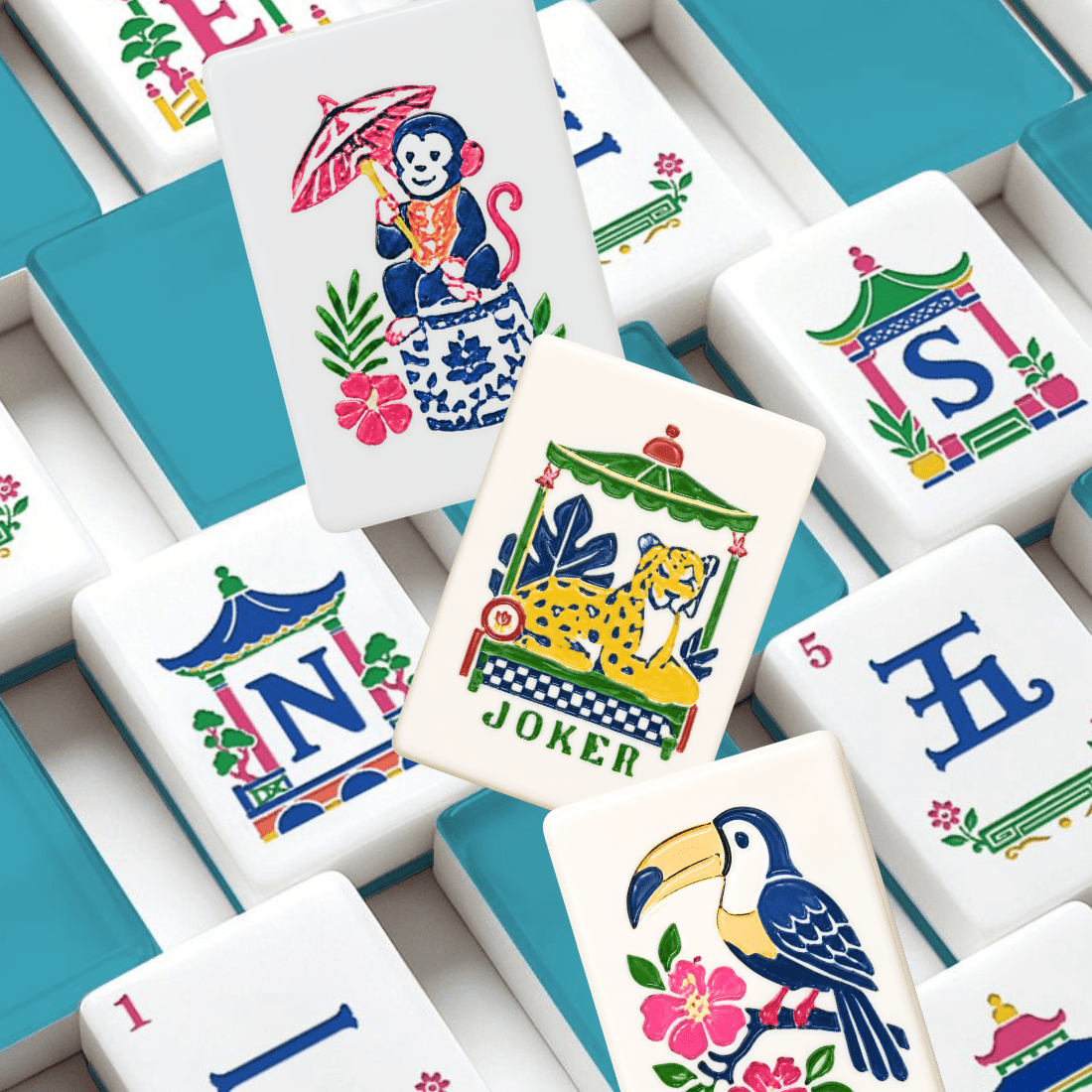 Aquamarine Chinoiserie Pastel Mahjong Engraved Tiles With Carry Case - Splash Of Mahj And Color Co.