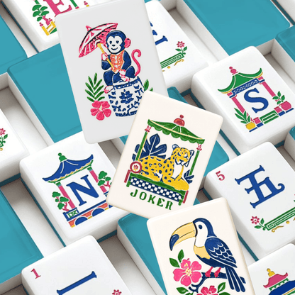 Aquamarine Chinoiserie Pastel Mahjong Engraved Tiles With Carry Case - Splash Of Mahj And Color Co.