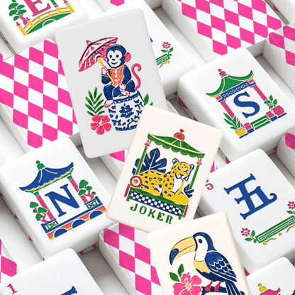 Hot Pink Harlequin Romance Chinoiserie Pastel Mahjong Tiles With Carry Case - Splash Of Mahj And Color Co.