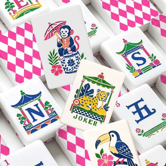 Hot Pink Harlequin Romance Chinoiserie Pastel Mahjong Tiles With Carry Case - Splash Of Mahj And Color Co.
