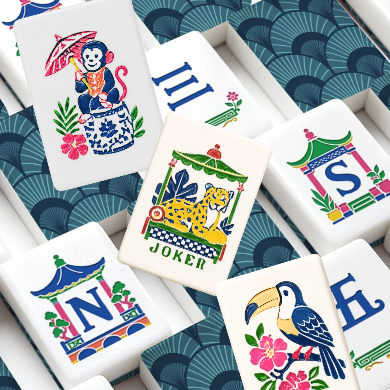 Art Deco Blue American Mahjong Tiles And Carry Case