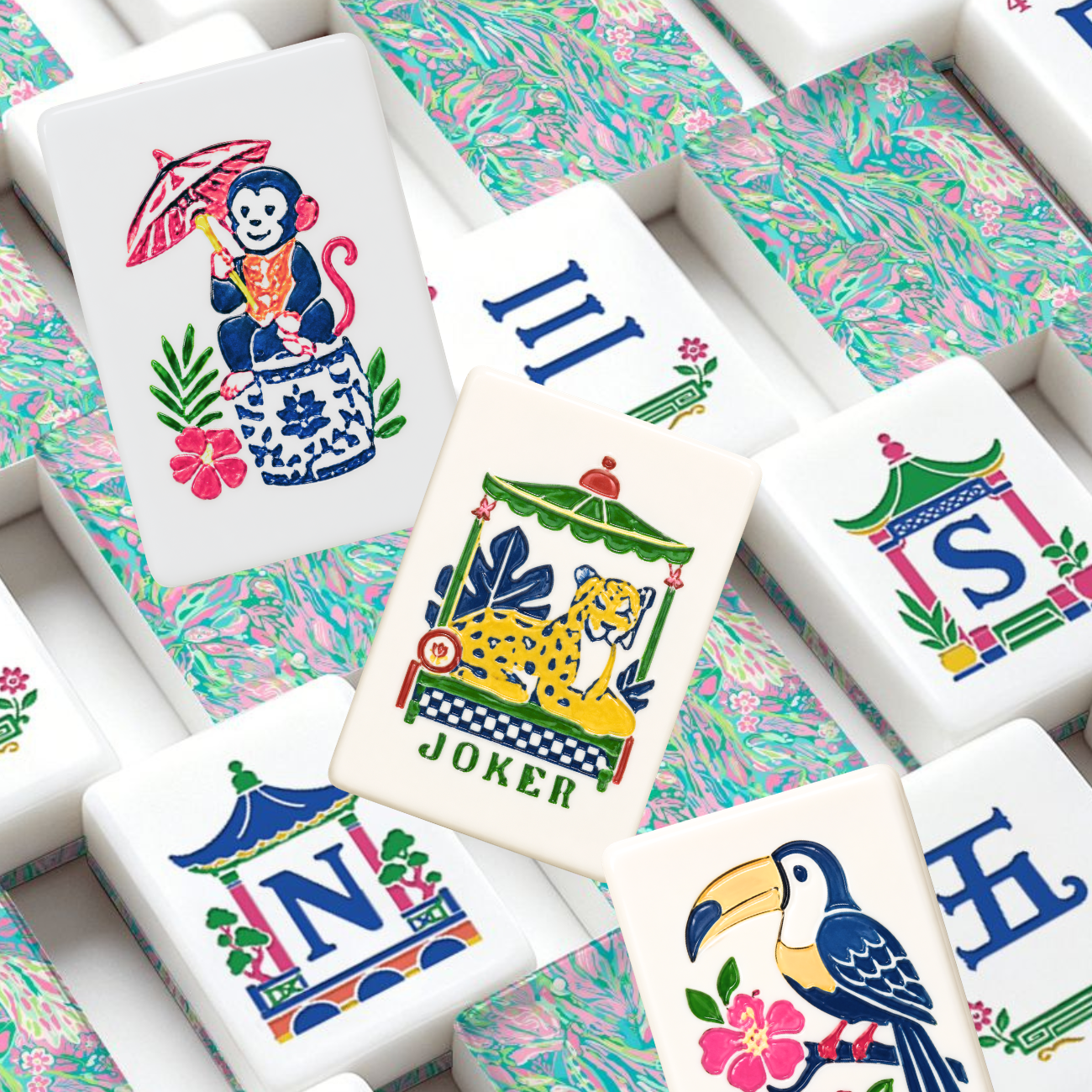 Preppy Chinoiserie Pastel American Mahjong Tiles And Carry Case