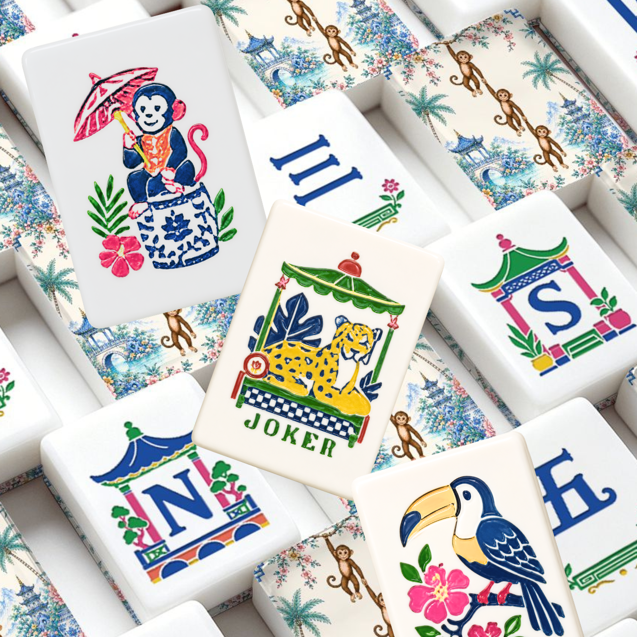 Monkey See Monkey Do, Pastel Chinoiserie American Mahjong Tiles And Carry Case
