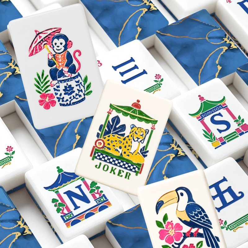 Blue Marbled Gold Gilded American Mahjong Pastel Chinoiserie Tiles