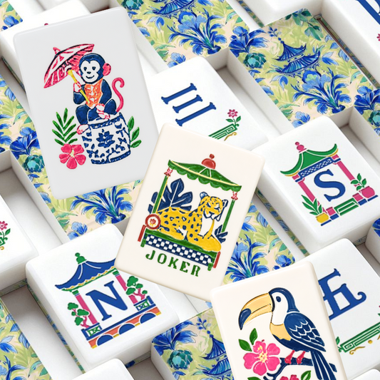 Asian Pagoda Green Blue Watercolor American Mahjong Pastel Chinoiserie Tiles And Carry Case