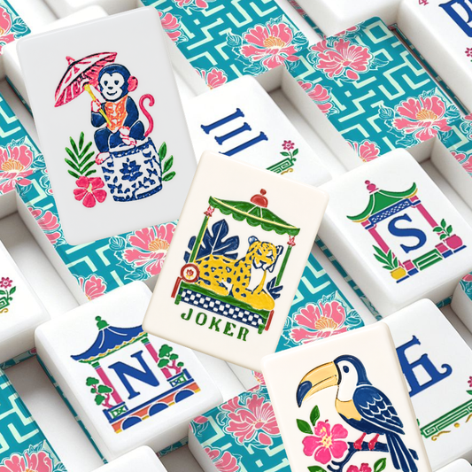 Greek Key Tropical Hibiscus American Mahjong Chinoiserie Pastel Tiles - Splash Of Mahj And Color Co.
