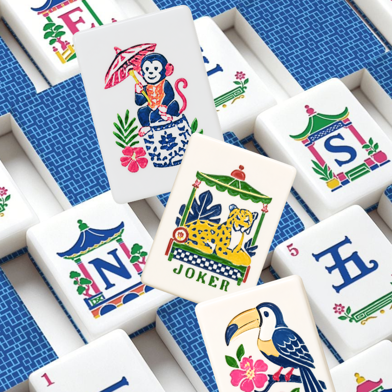 Modern Geometric Blue Chinoiserie Pastel Engraved Mahjong Tiles And Carry Case