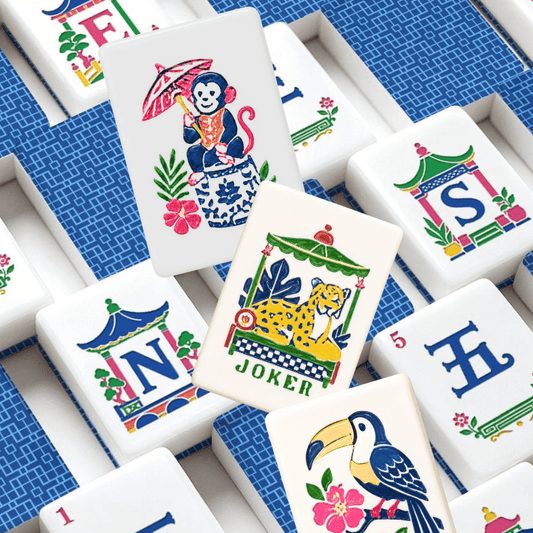 Modern Geometric Blue Chinoiserie Pastel Engraved Mahjong Tiles And Carry Case - Splash Of Mahj And Color Co.