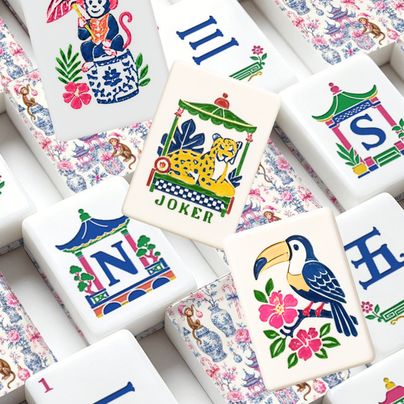 Monkey Elves Chinoiserie Pastel American Mahjong Tiles And Carry Case