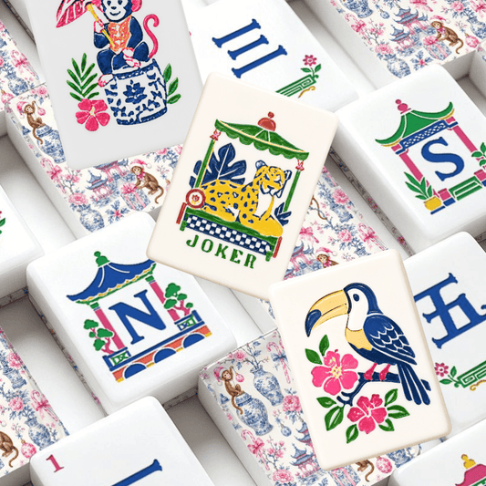 Monkey Elves Chinoiserie Pastel American Mahjong Tiles And Carry Case - Splash Of Mahj And Color Co.