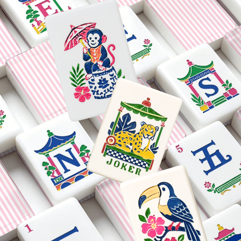 Pink Preppy Pastel Chinoiserie Engraved American Mahjong Tiles And Carry Case