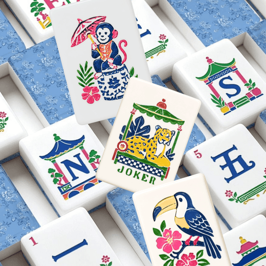 Baby Blue Floral Chinoiserie American Engraved Mahjong Tiles And Carry Case - Splash Of Mahj And Color Co.