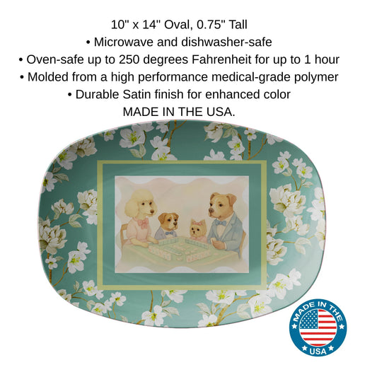 Playful Dogs Mahjong Serving Appetizer Platter,  Asian Floral Garden Mahj Entertaining Platter