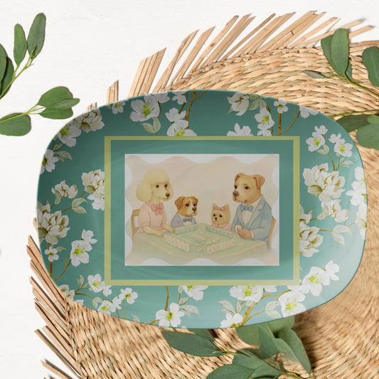 Playful Dogs Mahjong Serving Appetizer Platter,  Asian Floral Garden Mahj Entertaining Platter