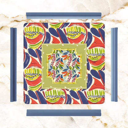 Mahjong Mat, Coral Blue Abstract Floral Modern Mahjong Mat