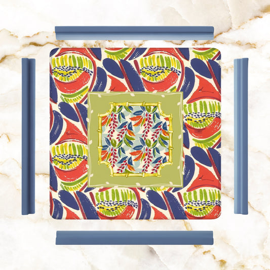Mahjong Mat, Coral Blue Abstract Floral Modern Mahjong Mat
