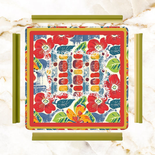 Mahjong Mat Floral Heritage Burst Of Color, Red, Teal Orange Green Tropical Mahj Mat