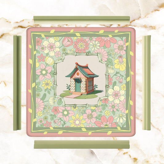 Floral Heritage Mahjong Mat, Whimsical Mahj House Pink Green Preppy Game Mat