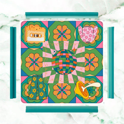 Disco Fever, Nostalgic 70s Green Orange Floral Mahjong Mat