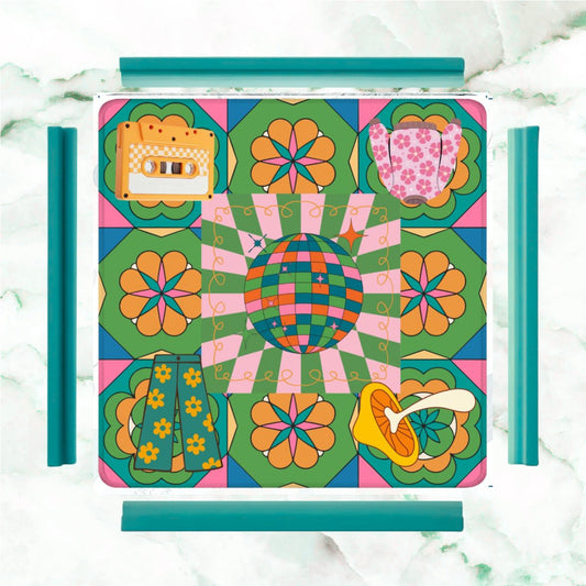 Disco Fever, Nostalgic 70s Green Orange Floral Mahjong Mat