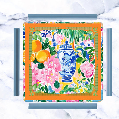 Asian Chinoiserie Citrus Orange, Blue Mahjong Mat