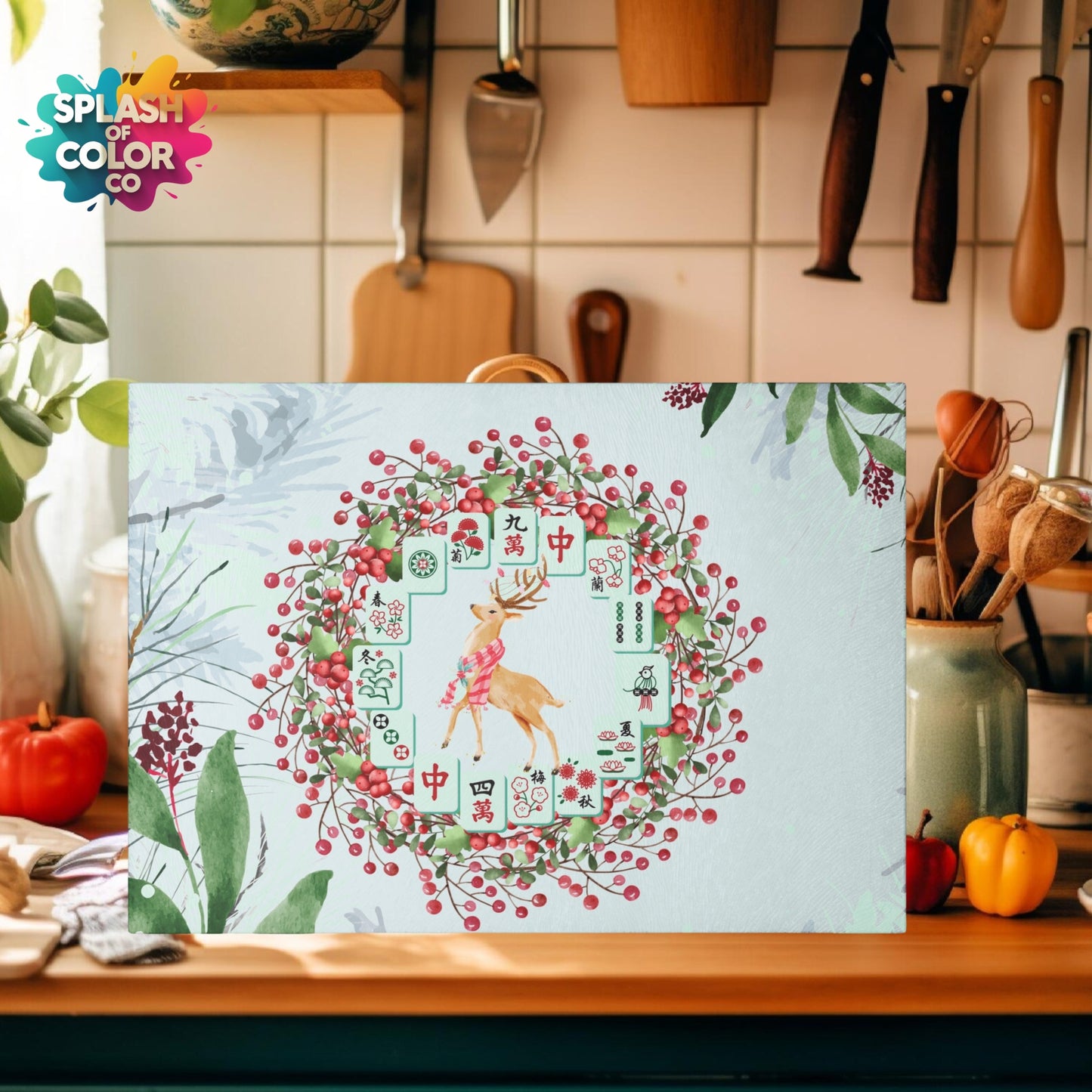 Mahjong Christmas Chacuterie Board, Festive Deer Glass Cutting Board