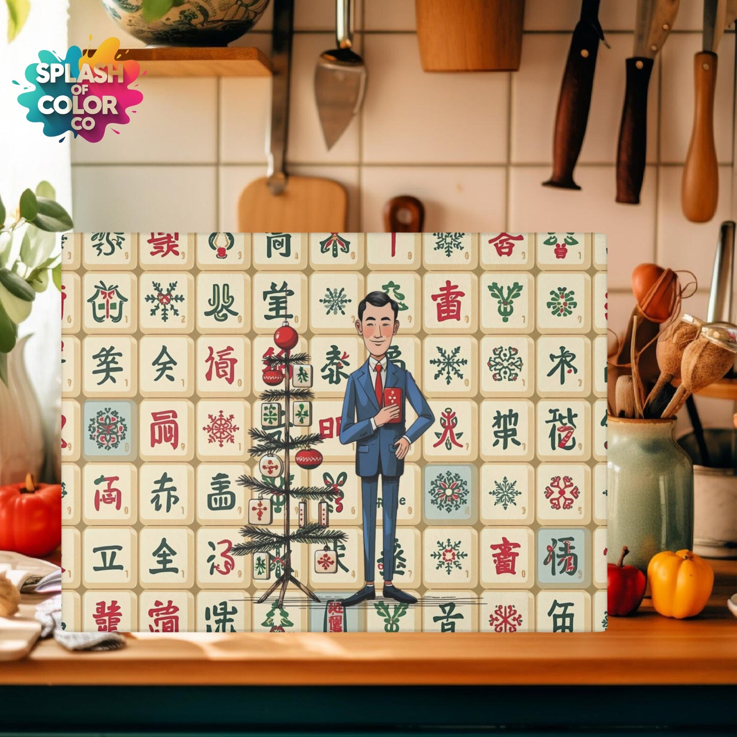 The Lance Of Mahjong Festive Christmas Mahjong Chacuterie Entertaining Cheese Glass Cutting Board - Splash of Color Co.