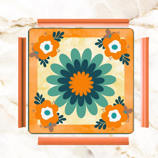 Boho Flower Infusion, Orange Blue Mahjong Game Mat