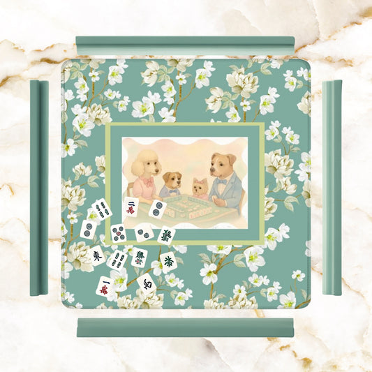 Dogs Playing Mahjong Mat Whimsical Floral Asian Designed Neoprene Mahj Mat