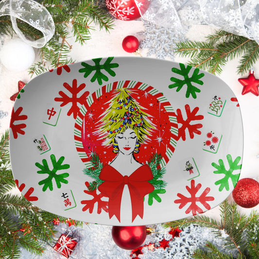 Merry Mahjong Christmas Platter, Vintage Nostalgic Christmas Gal Whimsical Mahj Gift