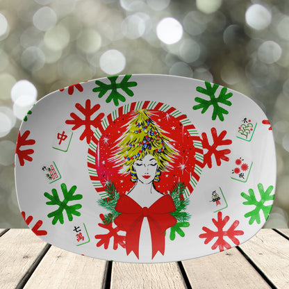 Merry Mahjong Christmas Platter, Vintage Nostalgic Christmas Gal Whimsical Mahj Gift