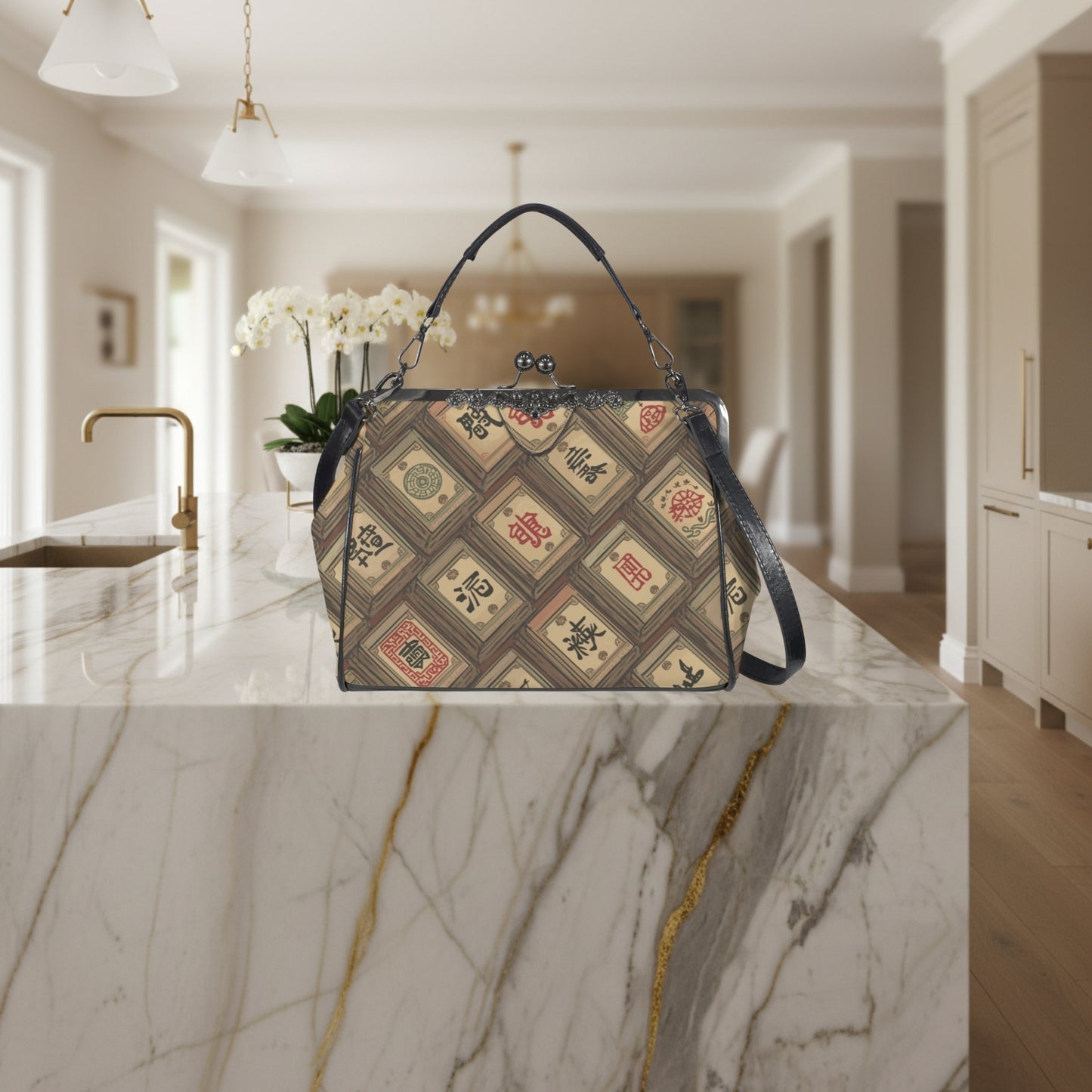 Mahjong Tile Vintage Kisslock Crossbody Shoulder Bag, Trendy And Stylish - Splash of Color Co.