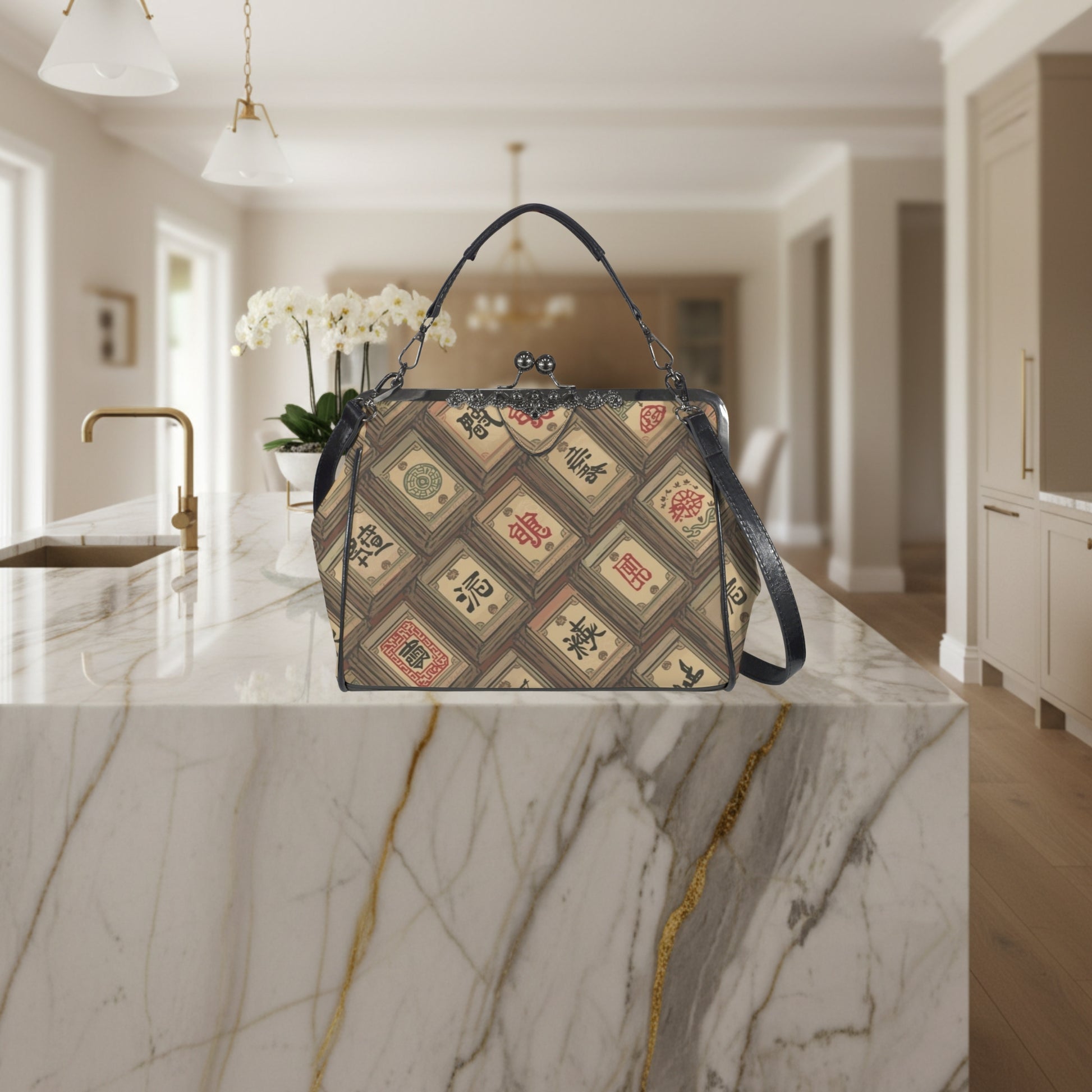 Mahjong Tile Vintage Kisslock Crossbody Shoulder Bag, Trendy And Stylish - Splash of Color Co.