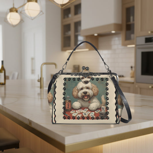 Mahjong Doodle Dog, Whimsical Vintage Style Kisslock Crossbody Shoulder Bag - Splash of Color Co.