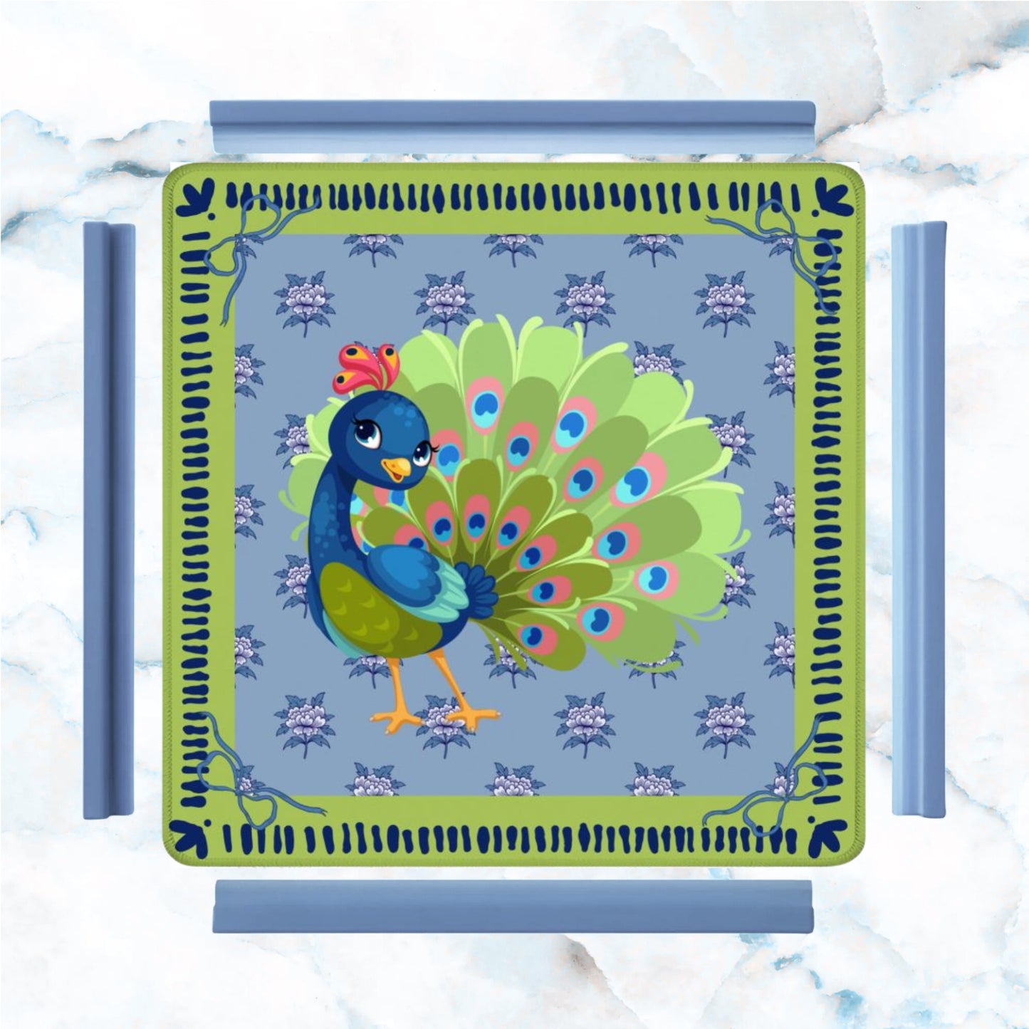 Cutie Patootie Peacock Whimsical Lime Green Royal Blue Mahjong Mat