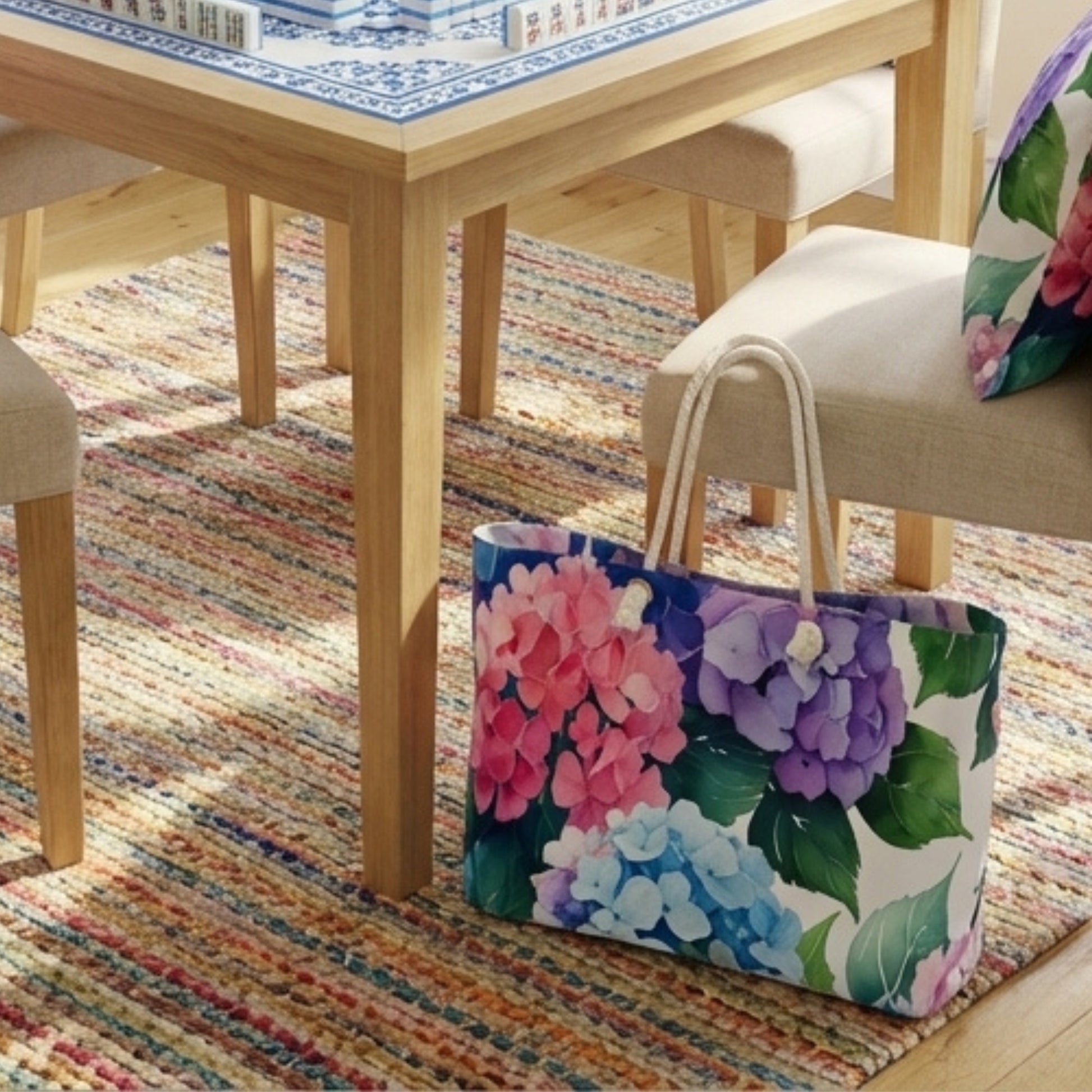 Hydrangea Floral Mahjong Tote Bag Weekender Bag | Watercolor Blue Pink Purple - Splash of Color Co.