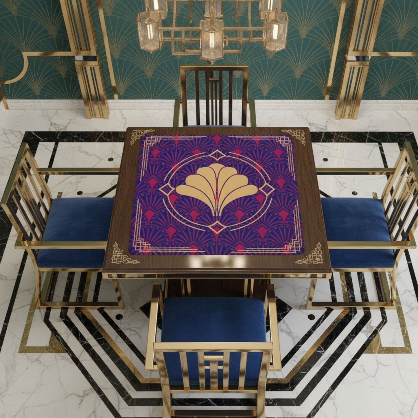 Art Deco Mahjong Mat, Blue Burgundy Gold Gilded - Splash of Color Co.