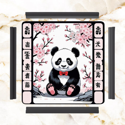 Asian Panda Bear Black Pink Cherry Blossom Mahjong Mat