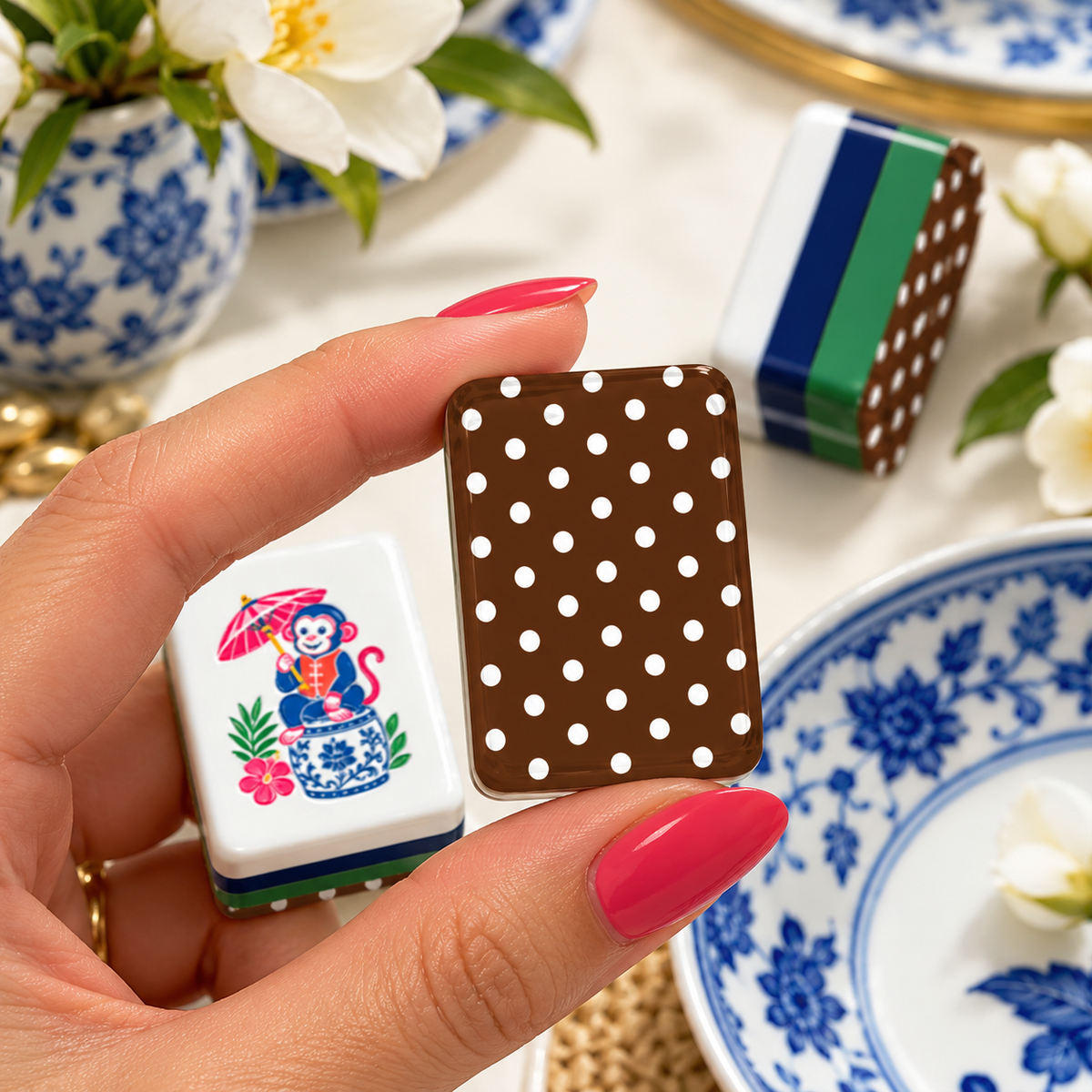 The Polo Match Polka Dot Chinoiserie Chic American Mahjong Tiles And Carry Case - Splash Of Mahj And Color Co.
