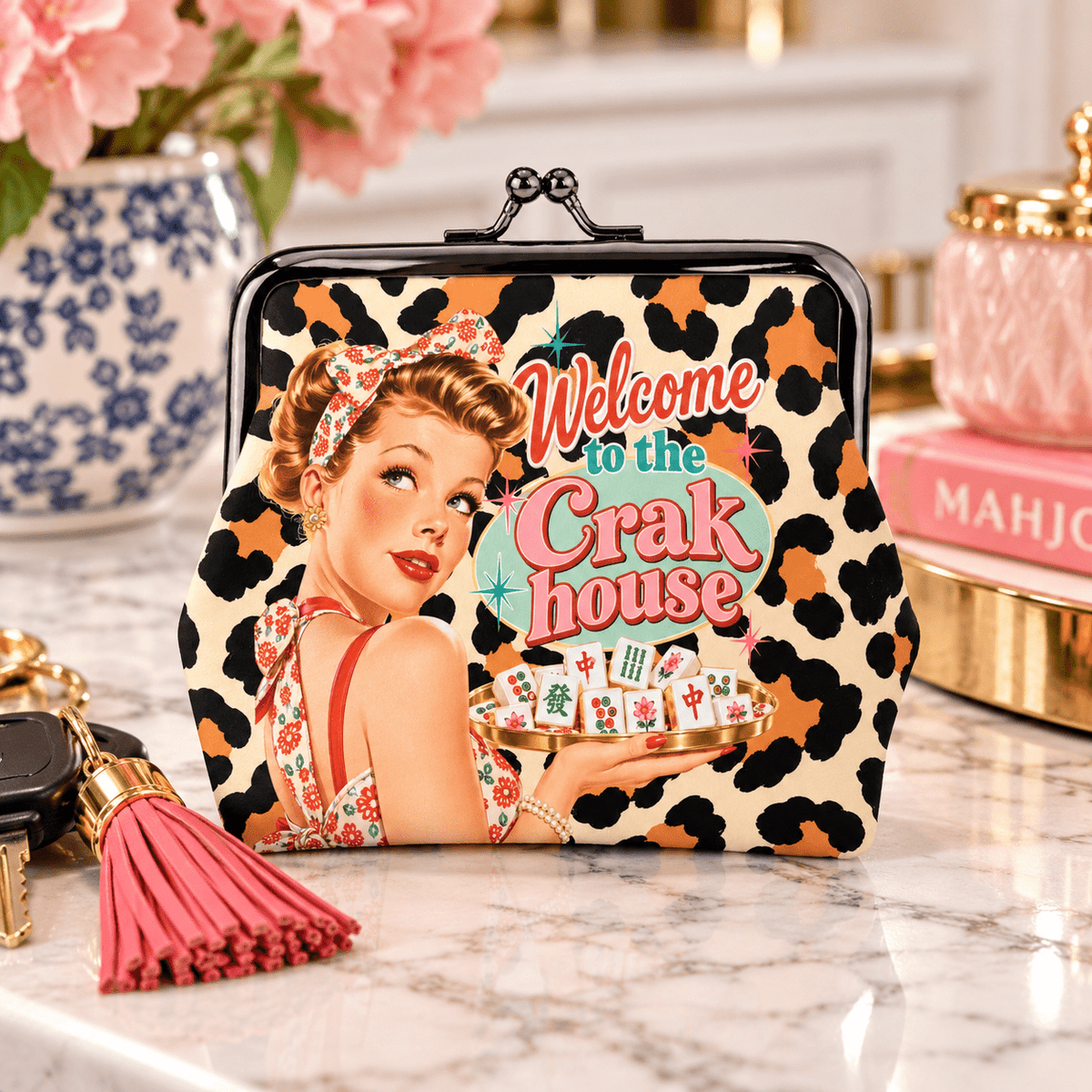 Funny Mahjong Welcome To The Crak House Leopard Print Women's Leather Kiss Lock Coin Purse - Splash Of Mahj And Color Co.