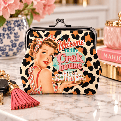 Funny Mahjong Welcome To The Crak House Leopard Print Women's Leather Kiss Lock Coin Purse - Splash Of Mahj And Color Co.
