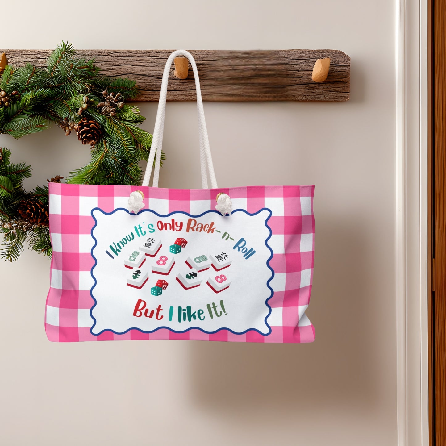 Mahjong Tile Accessory Bag, Pink Gingham Mahjong Design "I Know It's Only Rock - n - Roll But I Like It" - Splash of Color Co.
