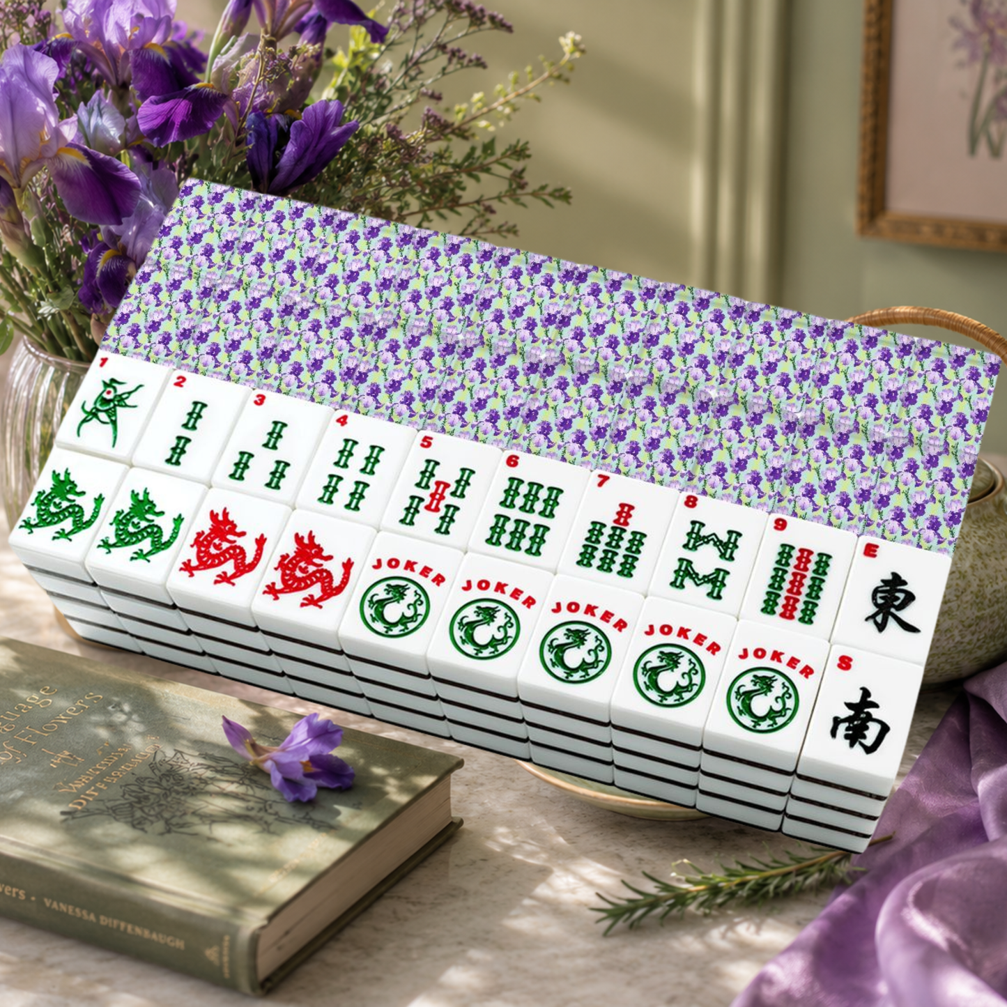 Lavender Luck Iris Flowers American Mahjong Tiles And Carry Case - Splash Of Mahj And Color Co.
