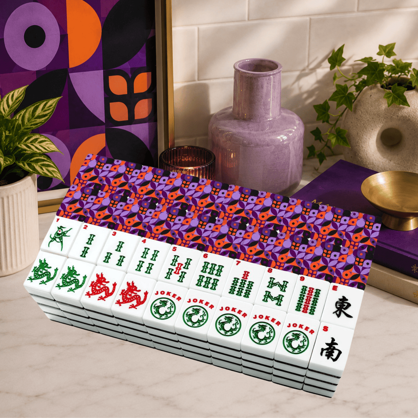 Mod Mash Up Purple, Orange Black Geometric American Mahjong Tiles And Carry Case - Splash Of Mahj And Color Co.