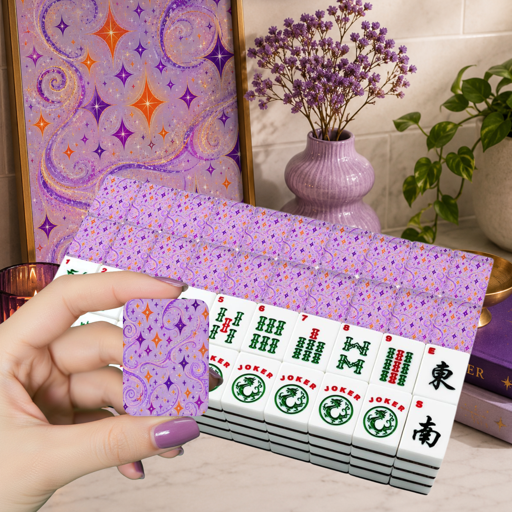 Starburst Whimsical Wizard, Purple, Orange American Mahjong Tiles And Carry Case - Splash Of Mahj And Color Co.