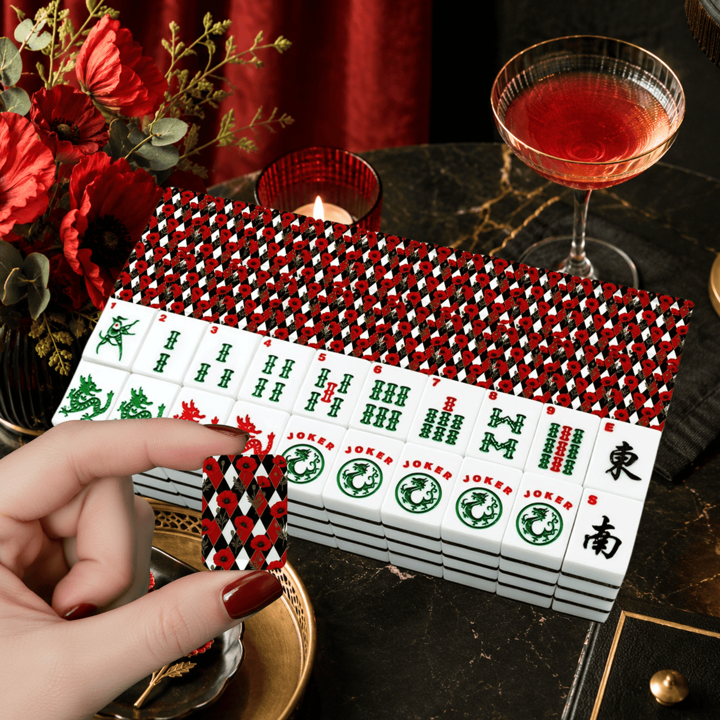 Harlequin Romance Red Poppy Play American Mahjong Tiles And Carry Case - Splash Of Mahj And Color Co.