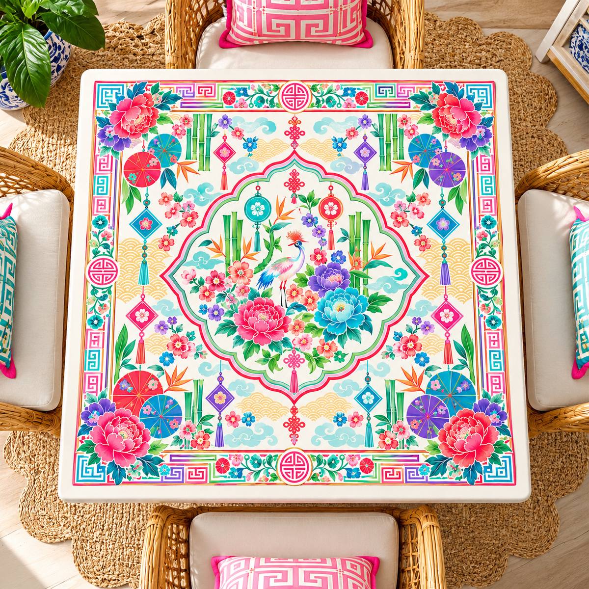 Peony & Parasol Mahjong Mat Sleek Surface - Splash Of Mahj And Color Co.