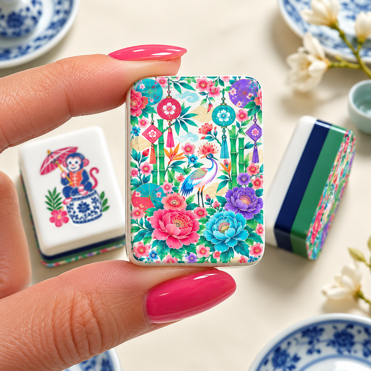 Peony & Parasol Chinoiserie Chic American Engraved Layered Mahjong Tiles - Splash Of Mahj And Color Co.
