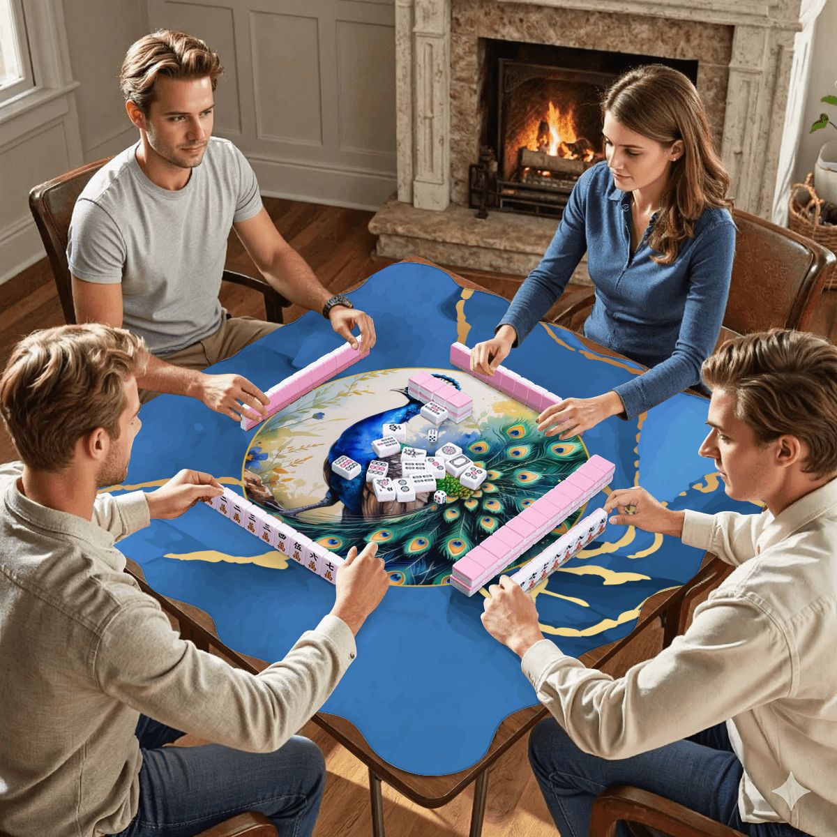 Blue Gold Gilded Peacock Scalloped Mahjong Mat
