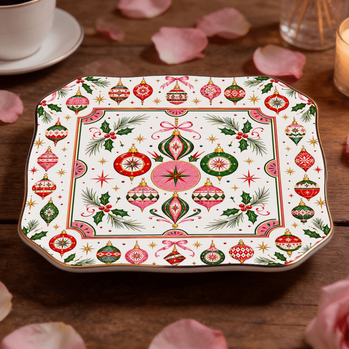 Shiny Brite Vintage Nostalgic Christmas Scalloped Ceramic Mahjong Dice Tray